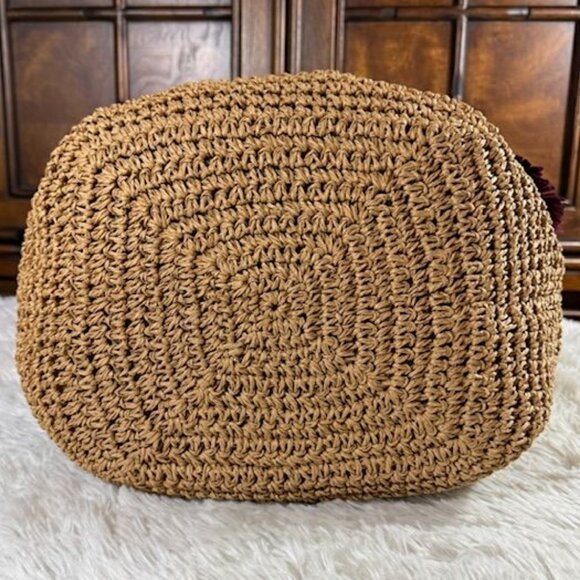 Jessica Simpson Raffia Straw 3D Beaded Floral Feather St. Pete Toast Pink Tote - Picture 7 of 16